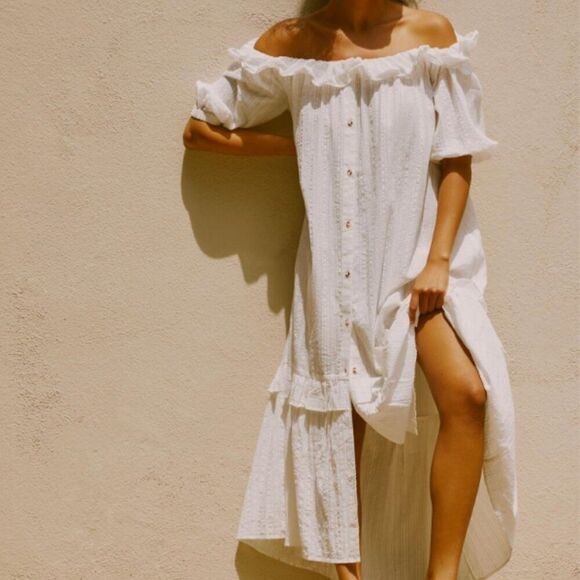 Anthropologie Ruffle Off-The-Shoulder Gauze Dress in White Size Medium - Picture 1 of 14